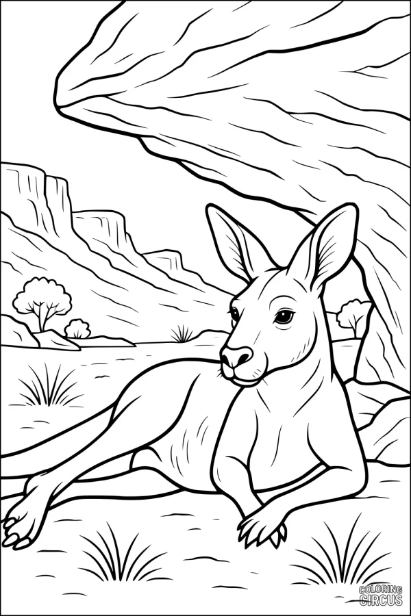 Coloring page of a kangaroo resting under a rock in the Australian outback with cliffs, trees, and grass.