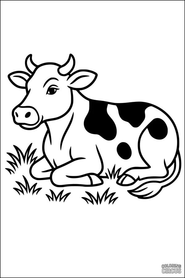 Coloring page of a friendly cow lying in the grass, perfect for young children