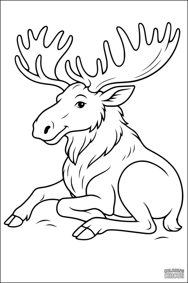 Coloring page of a friendly moose resting on the ground with large antlers, suitable for young children