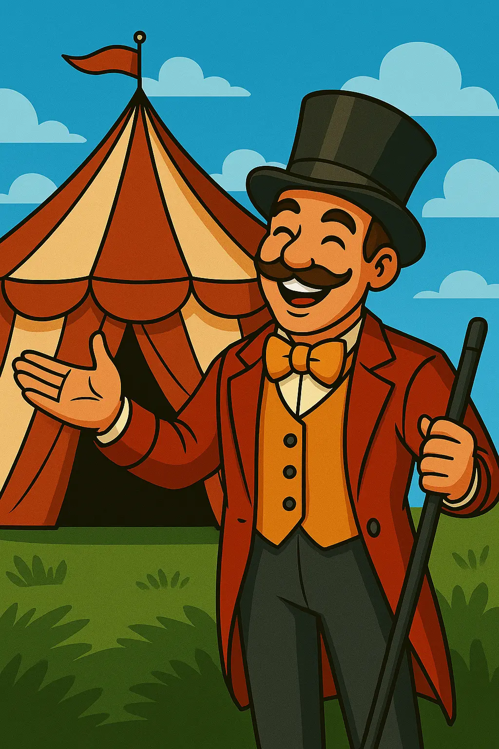 Circus Ring Master standing in front of circus tent.