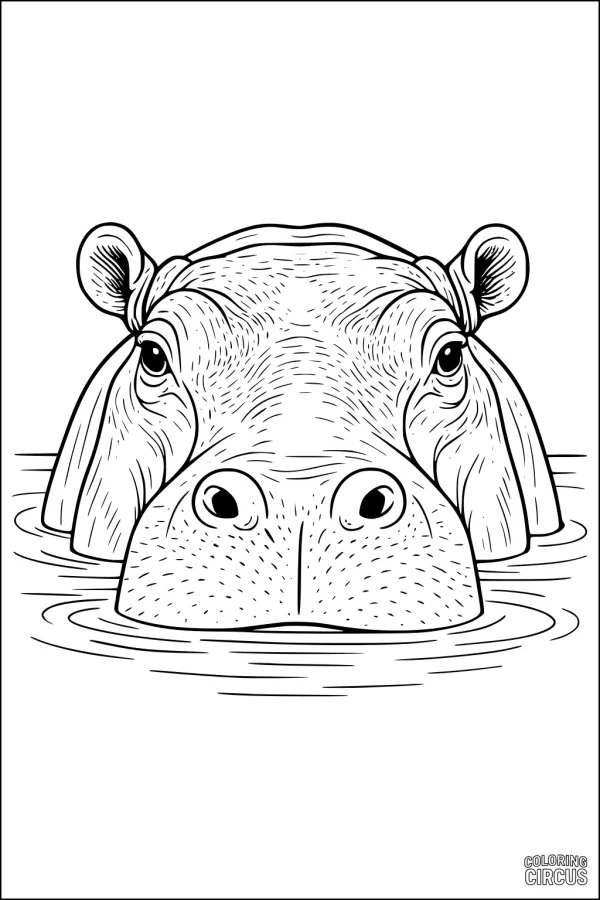Coloring page showing a realistic hippopotamus face emerging from water, detailed for kids and families.