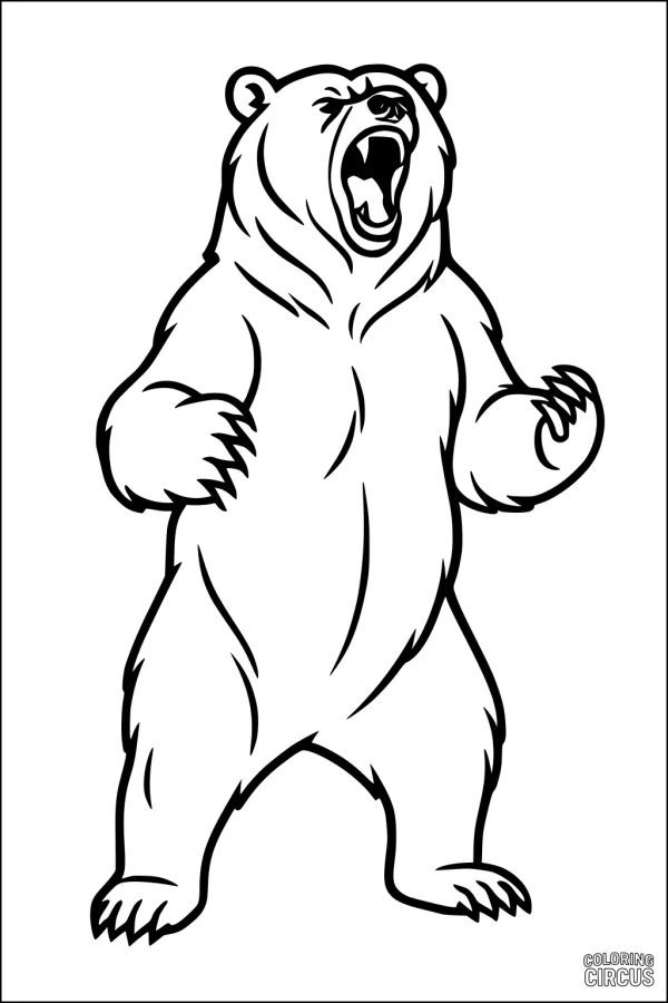 Coloring page of a roaring bear standing upright with claws outstretched, suitable for children and animal lovers