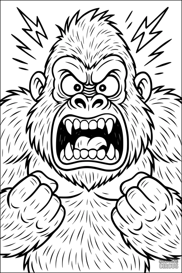 Coloring page of a cartoon gorilla roaring with clenched fists and excitement lines around its head