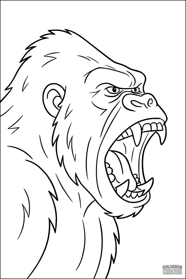 Coloring page featuring a side view of a roaring gorilla with detailed fur and open mouth