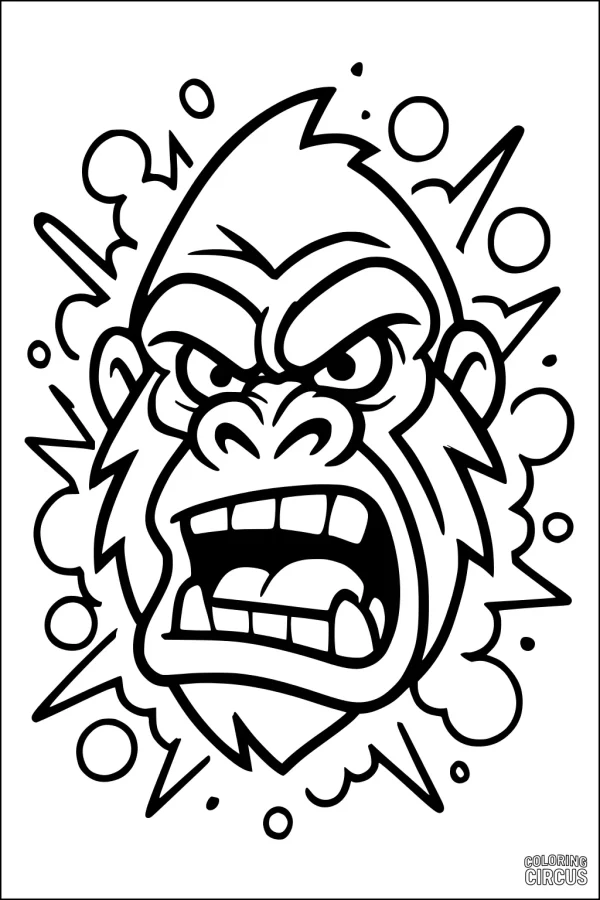 Coloring page of a roaring cartoon gorilla face with bold outlines and comic-style bursts.