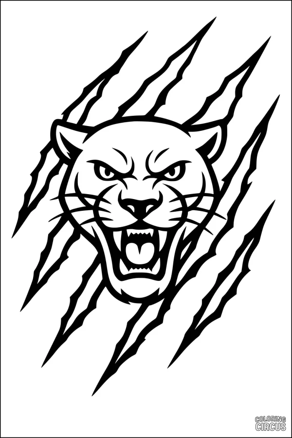 Coloring page of a fierce panther face with open mouth and surrounding claw marks.