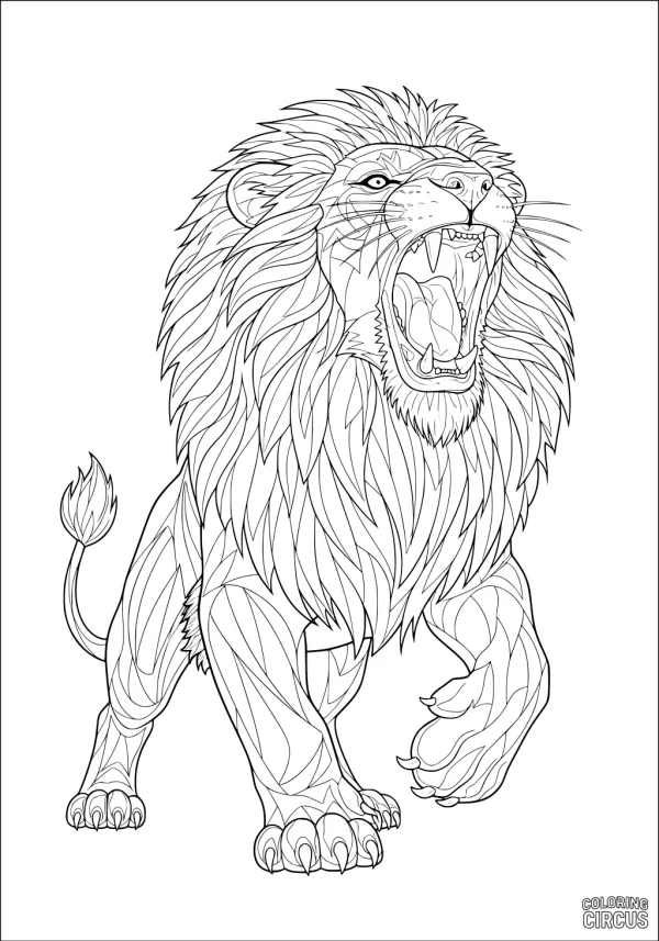Coloring page featuring a detailed roaring lion with intricate mane
