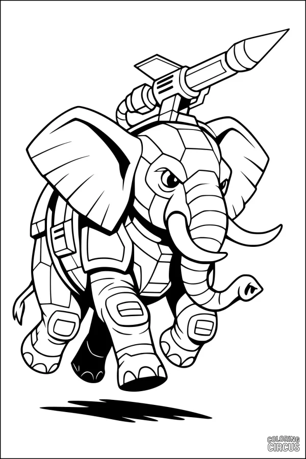 Coloring page featuring a robotic armored elephant with a rocket launcher on its back