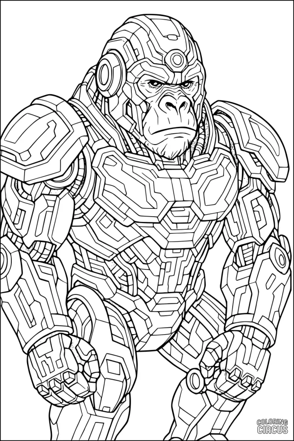 Coloring page of a gorilla wearing futuristic robotic armor, detailed design