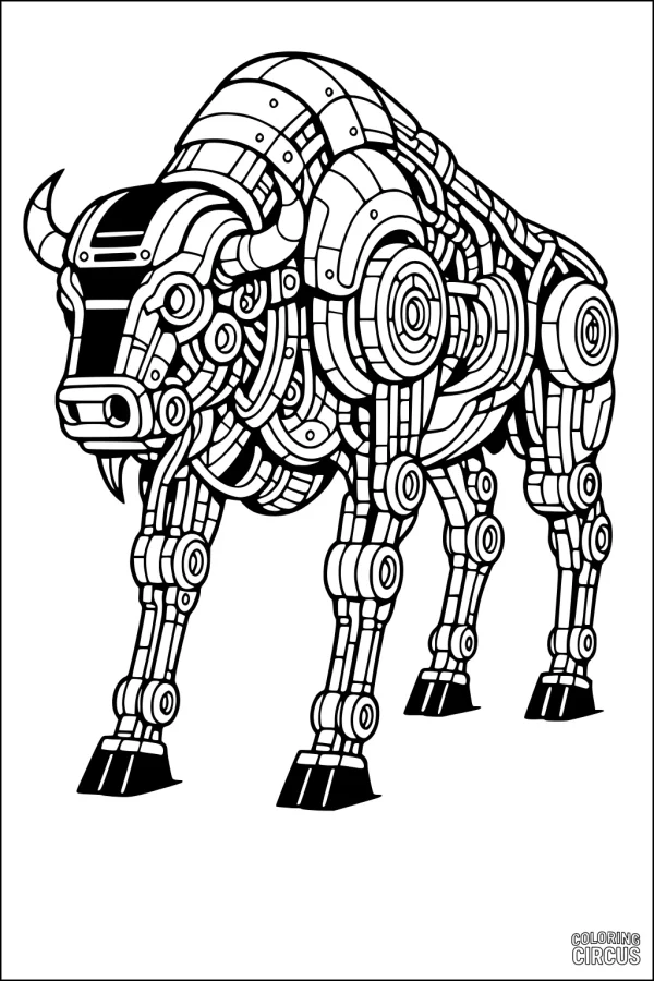 Coloring page mechanical bison with robotic features and gear details