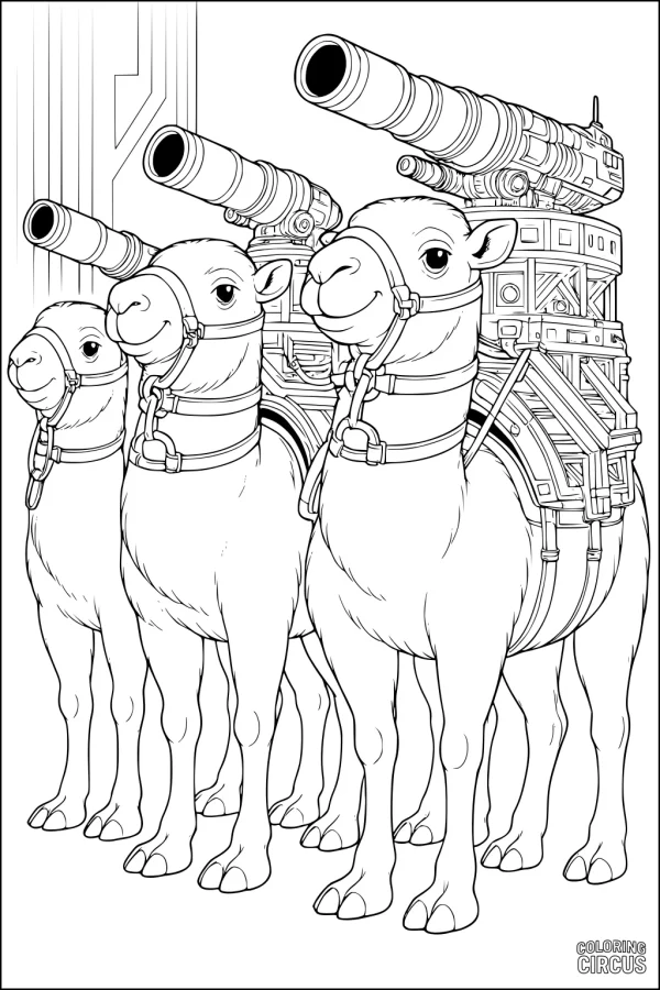 Coloring page depicting three cartoon camels with futuristic robotic gear and harnesses