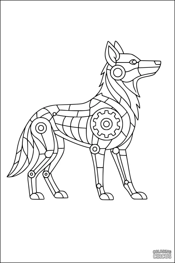 Coloring page of a robotic coyote with mechanical details and gears