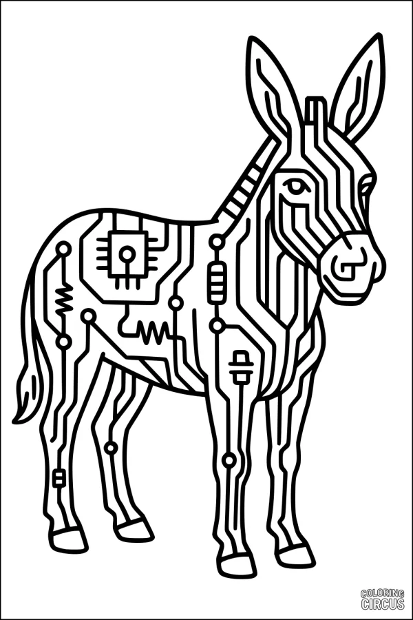 Coloring page featuring a robotic donkey with circuit patterns