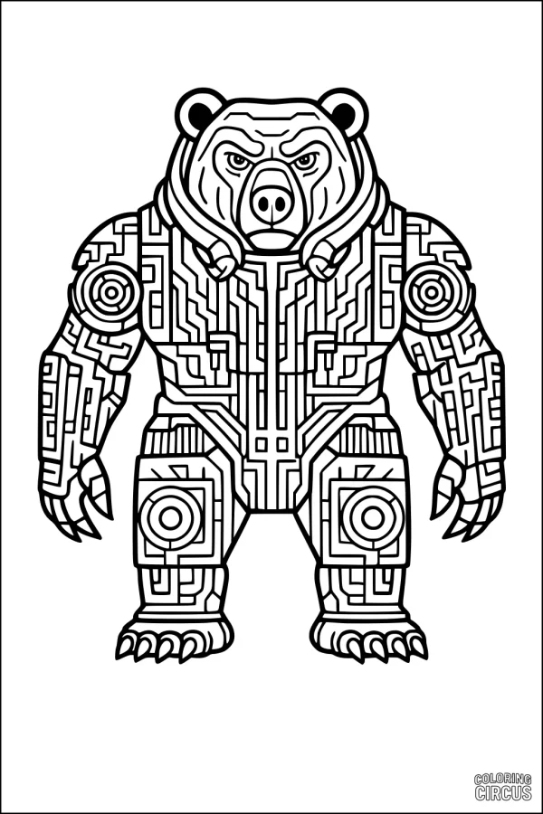 Coloring page of a robotic bear with intricate circuit patterns