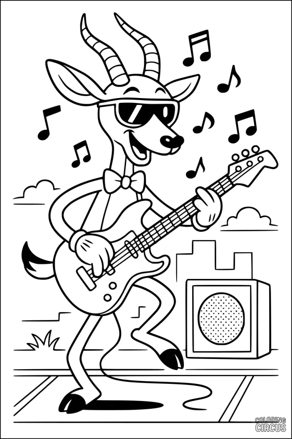 Coloring page featuring a cartoon gazelle wearing sunglasses and playing electric guitar in a city park with musical notes