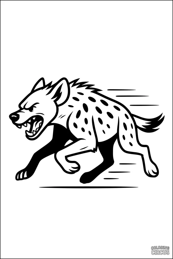 Coloring page of a running hyena with spots and open mouth