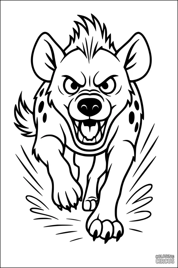 Coloring page featuring a running cartoon hyena with bold spots and expressive face