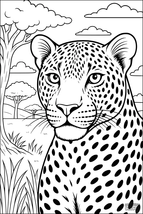 Coloring page featuring a detailed leopard in the savanna with trees and clouds in the background