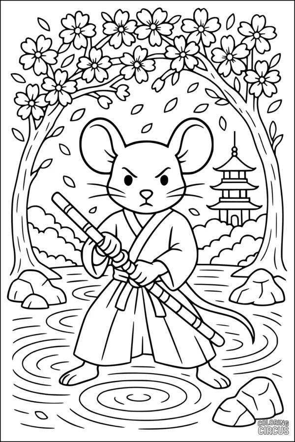 Coloring page mouse in samurai outfit beneath cherry trees with a pagoda in the background