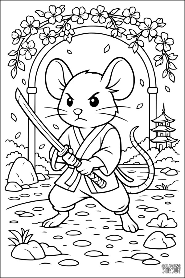 Coloring page featuring a determined samurai mouse with a sword, cherry blossoms, and a scenic Japanese garden background