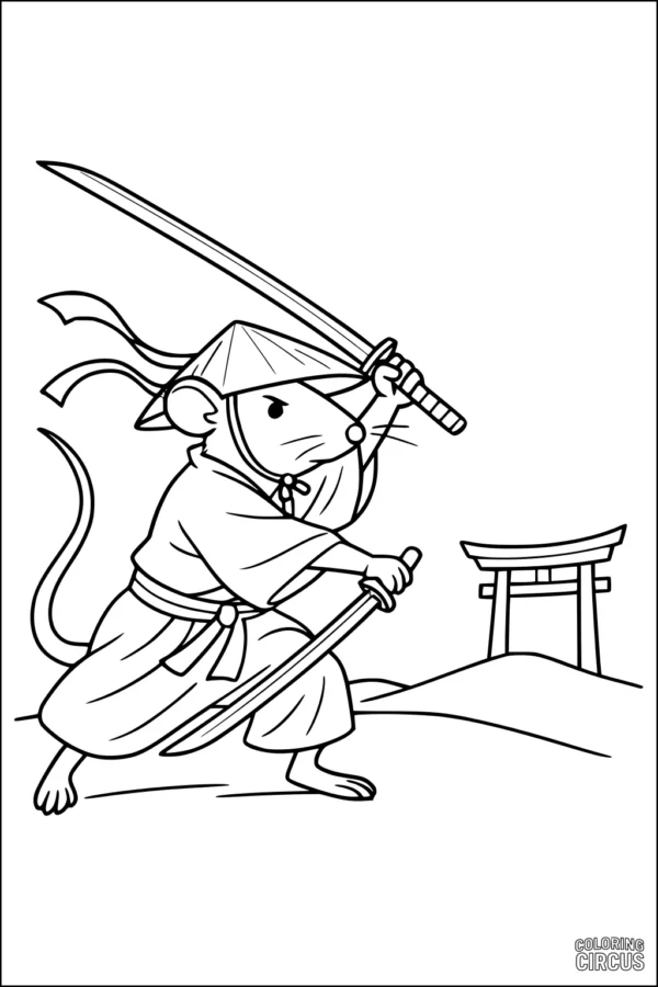 Coloring page of a samurai rat with swords near a torii gate