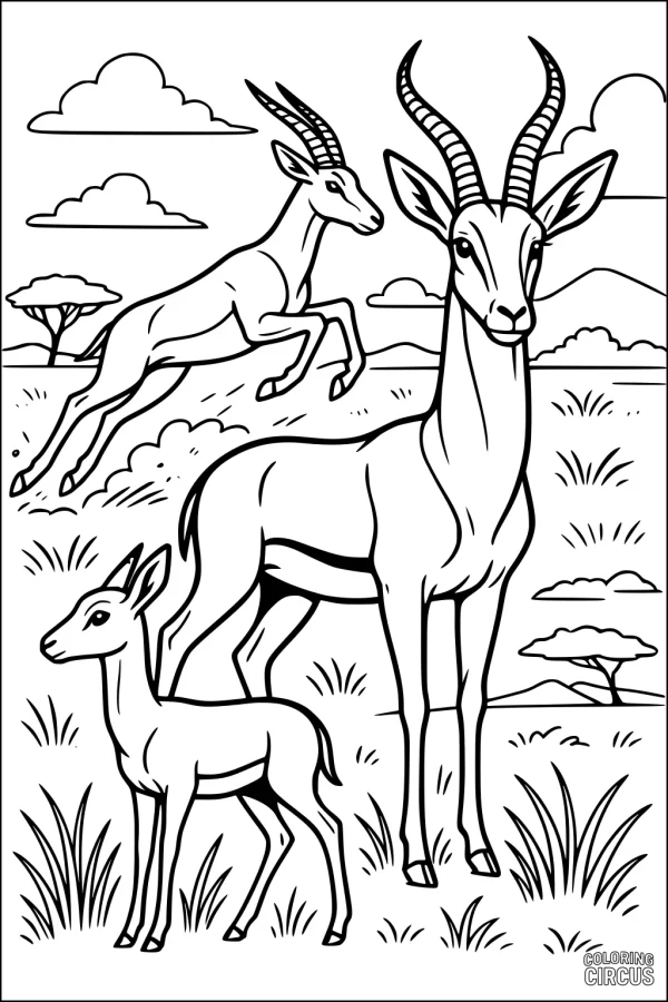 Coloring page featuring three gazelles in a sunny savanna landscape, with grass, trees, and clouds.