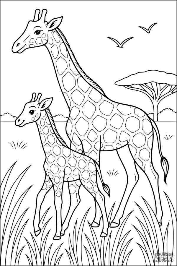Coloring page with two giraffes walking in a grassy savanna with trees and birds