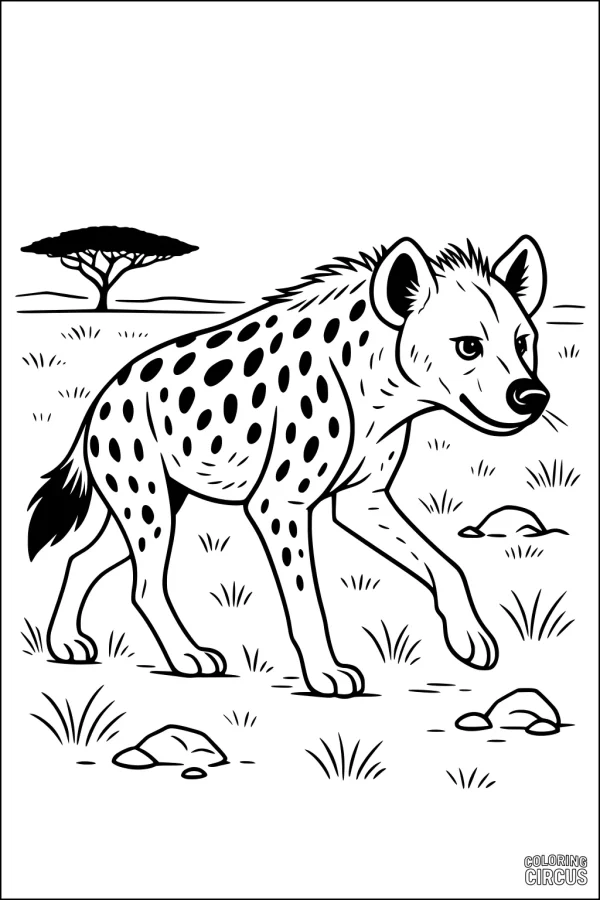 Coloring page featuring a cute spotted hyena walking in the African savanna with grass, rocks, and a tree in the background