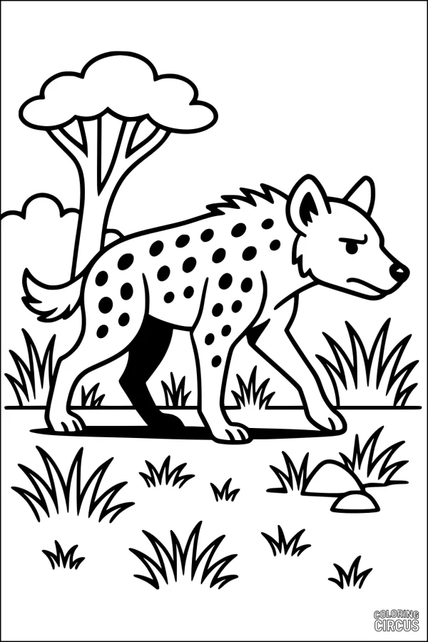 Coloring page showing a spotted hyena standing in the savanna with grass and a tree