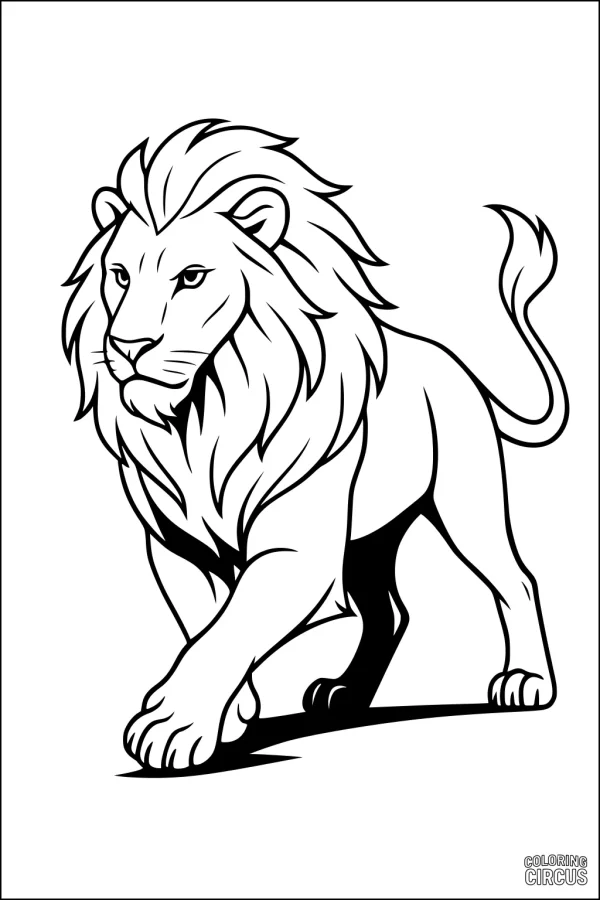 Coloring page of a majestic lion with a flowing mane walking forward, suitable for children.