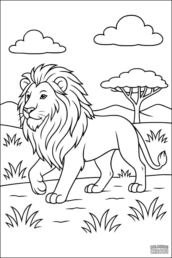 Coloring page of a lion walking through the savanna with trees and clouds in the background