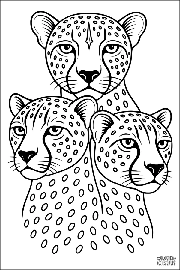 Coloring page with three cheetahs side by side, outlined with spots and expressive faces