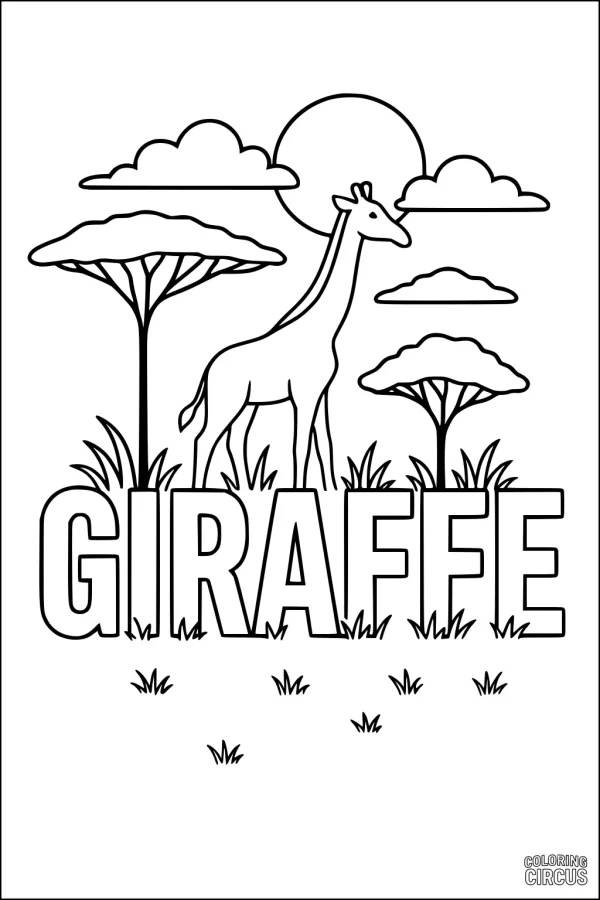 Coloring page showing a giraffe standing among acacia trees, sun, and clouds with the word giraffe below