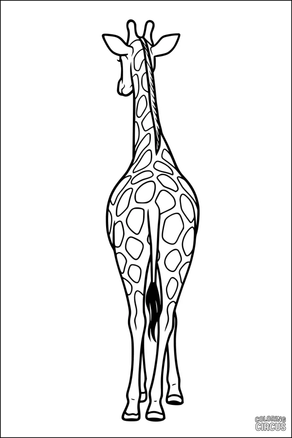 Coloring page showing the back view of a giraffe with distinctive spots