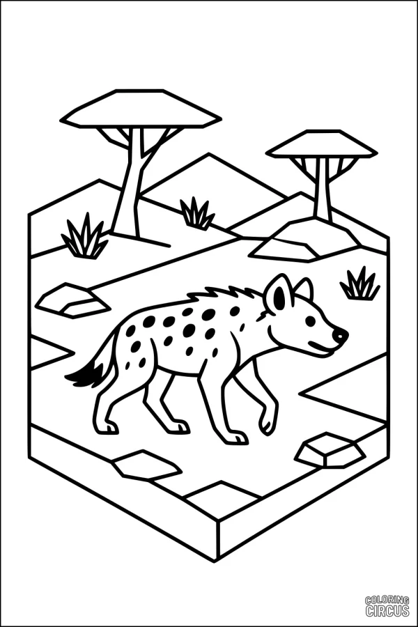Coloring page of a happy hyena walking through a cartoon savannah landscape with acacia trees and rocks