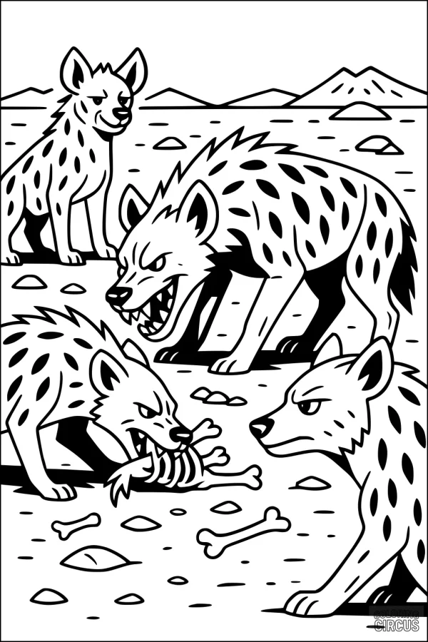 Coloring page featuring four hyenas interacting and eating bones on a rocky savannah landscape with distant mountains