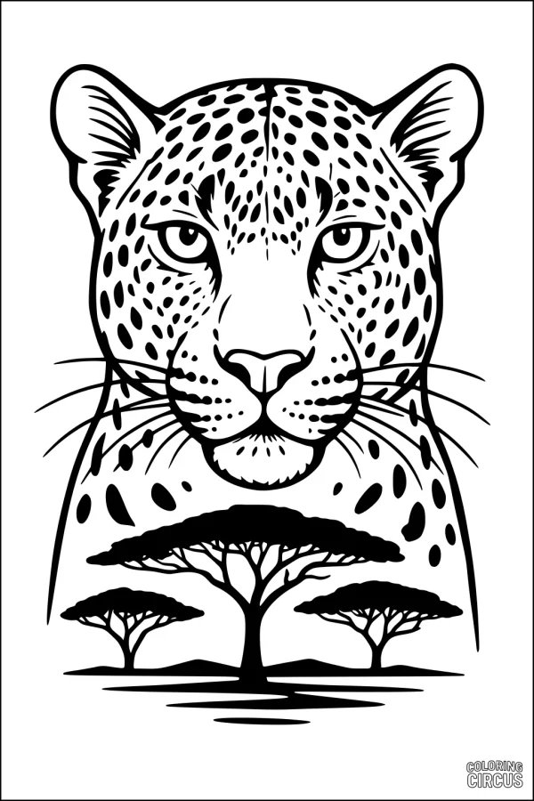 Coloring page showing a leopard face with acacia trees in the African savannah.