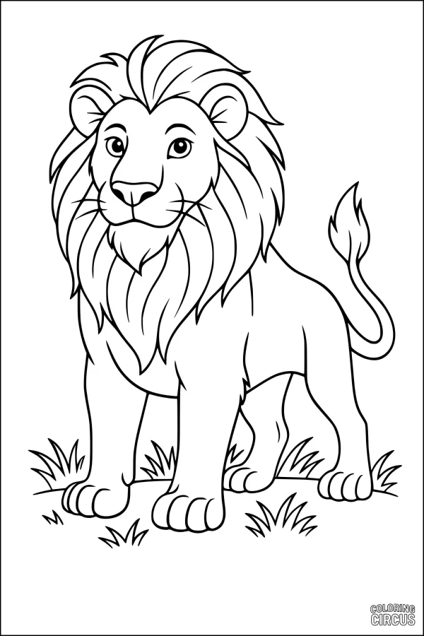 Coloring page of a cute cartoon lion standing in grass with a cheerful expression