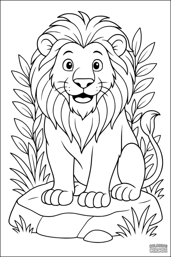 Coloring page of a smiling lion with a fluffy mane sitting on a rock surrounded by leaves in a savannah scene