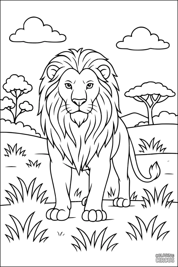 Coloring page featuring a lion standing in grassy African savanna with clouds and trees