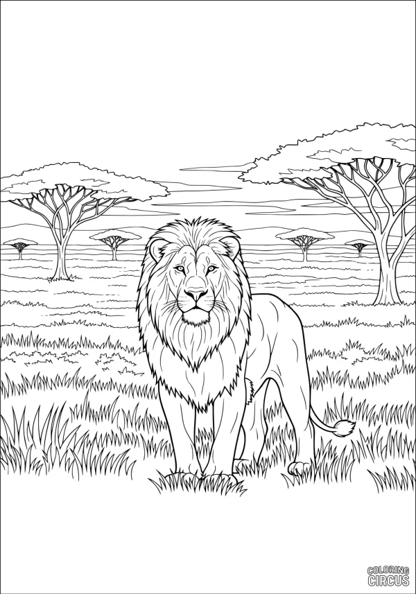 Coloring page featuring a majestic lion standing in a grassy African savannah with distant acacia trees and an open sky