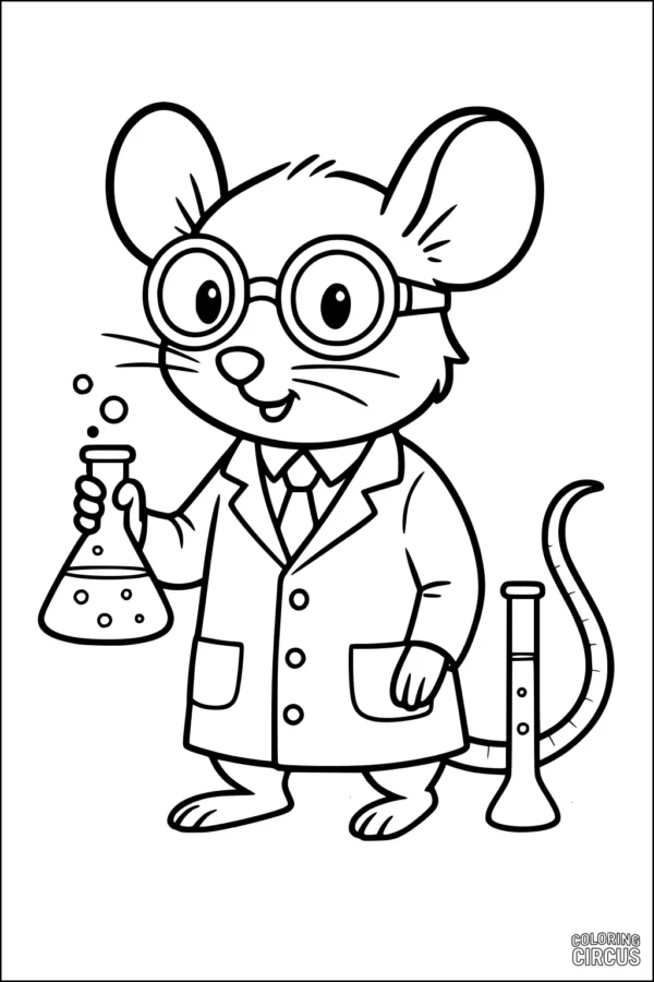 Coloring page featuring a cartoon mouse scientist wearing glasses and a lab coat, holding a beaker and standing by test tubes
