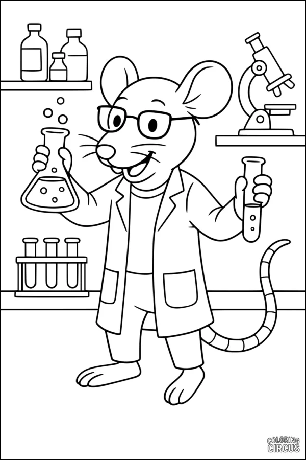 Coloring page showing a cartoon rat scientist in a lab with beakers and test tubes