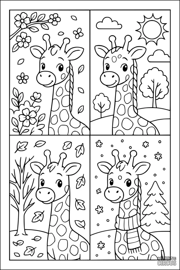 Coloring page showing a cute giraffe in four seasonal scenes with flowers, sun, falling leaves, and snow