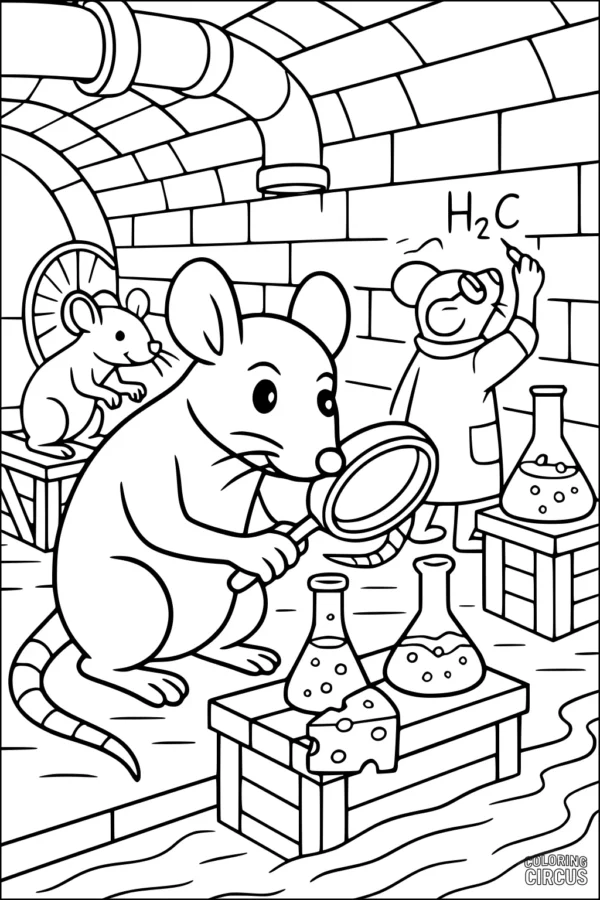 Coloring page of cartoon science lab rats in an underground tunnel