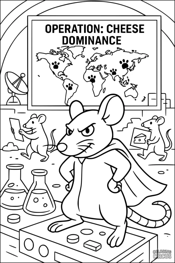 Coloring page featuring cartoon rats planning a cheese mission in a lab with a world map