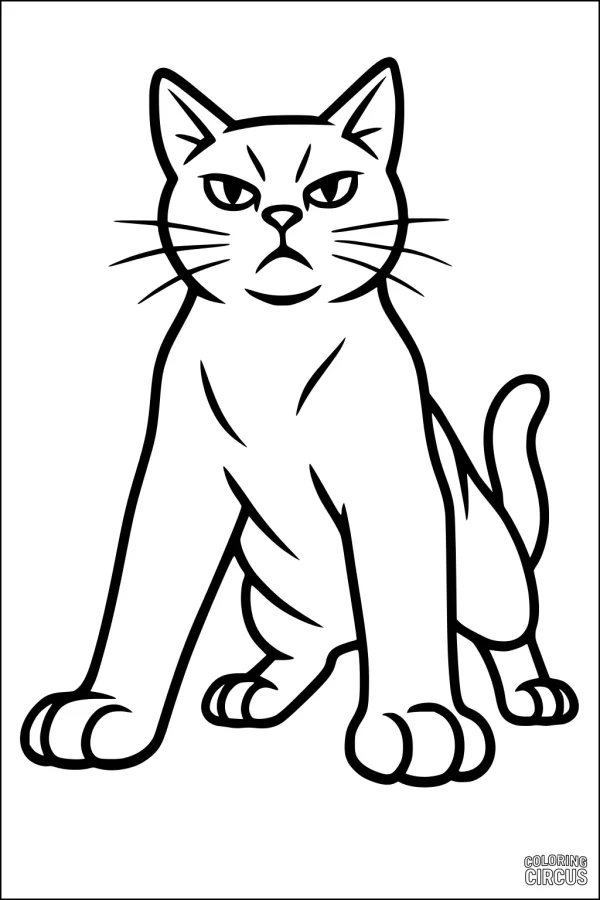 Coloring page of a serious cartoon cat sitting and facing forward with a focused expression
