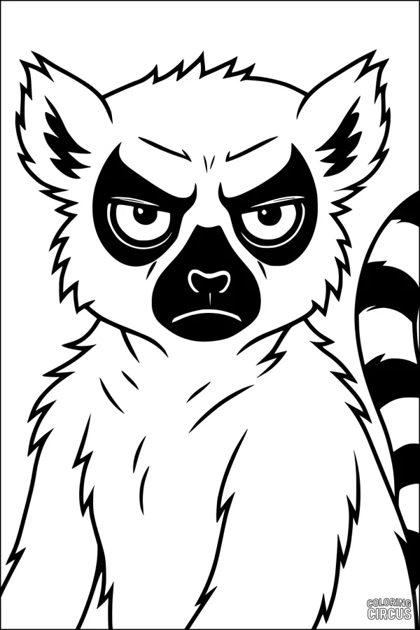 Coloring page of a serious-faced lemur with striped tail and fluffy fur