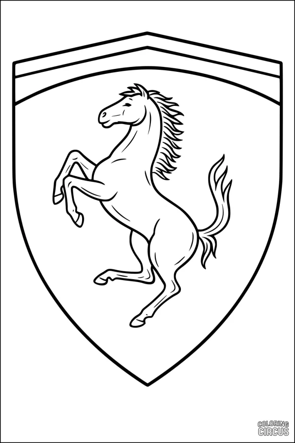 Coloring page of a horse rearing inside a shield-shaped crest