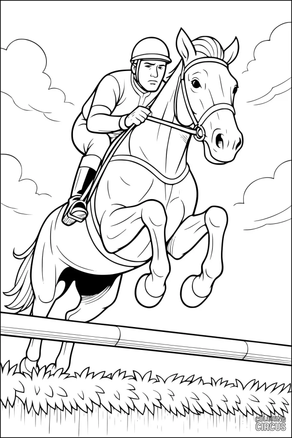 Coloring page showing a horse and rider jumping over a fence outdoors